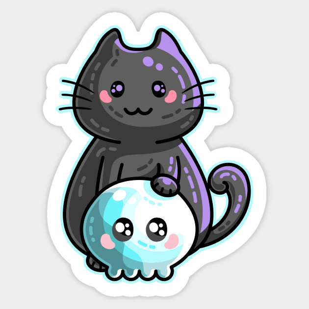 Kawaii Cute Black Cat and Skull Sticker by freeves